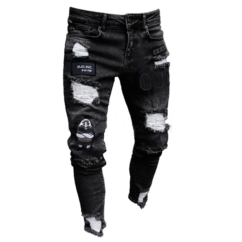 3 Styles Men Stretchy Ripped Skinny Biker Embroidery Print Jeans Destroyed Hole Taped Slim Fit Denim Scratched High Quality Jean 220408