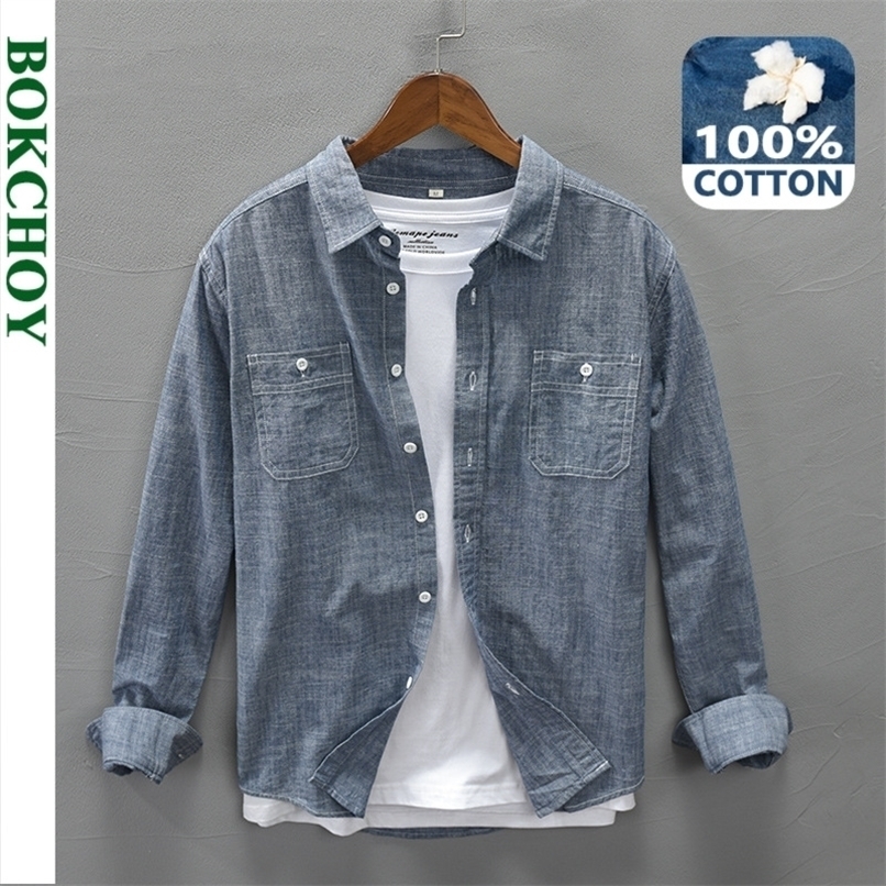 Autumn Work Style Men's Casual Cotton Long Sleeve Shirt Single-breasted Multi-pocket Retro Denim Blue Workwear GML04-C321 220322