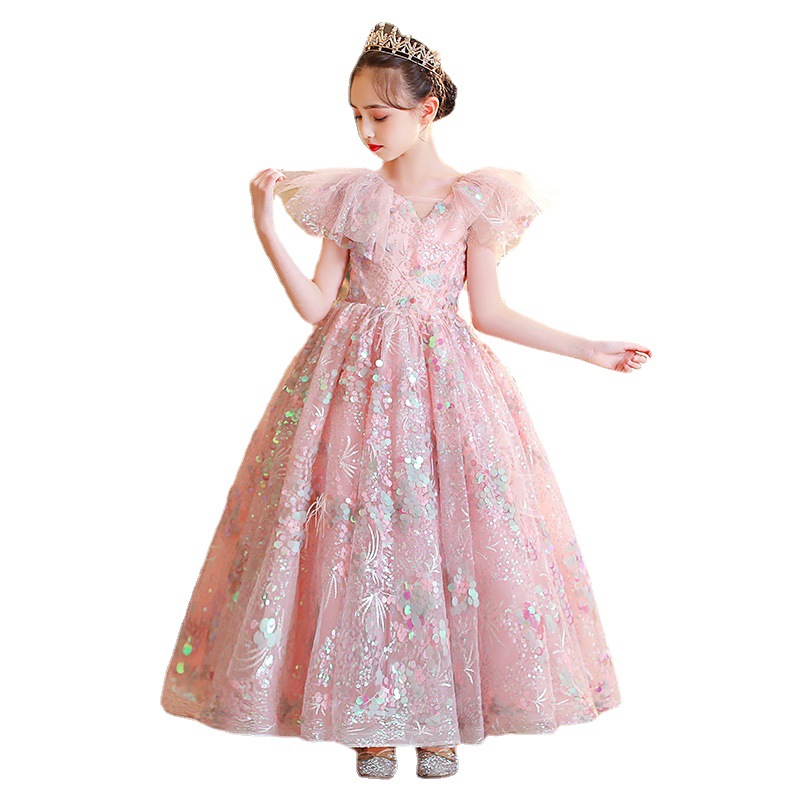 Bling Sequin Pageant Fluffy pink sequined Ruched Flower Girl Dress Ball Gowns Party Dresses for Girls First Holy Communion gown