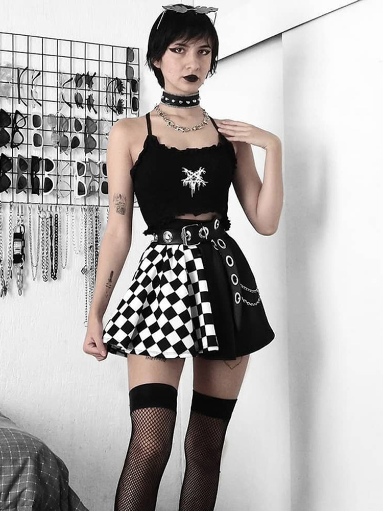 InsGoth Punk Skirt Gothic Plaid A Line Mini Skirts Harajuku Streetwear Sexy Plaid Patchwork Skirt E Girl Grunge Y2K Club Wear 220701