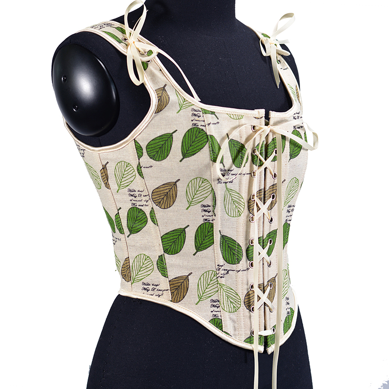 Women Corset Crop Tanks Fashion Linen Leaves Printed Tupe Tops Vintage Plastic Boned Overbust Bustier Camis Cyber Baby Tee Gothic Ropa Fairycore XXS-3