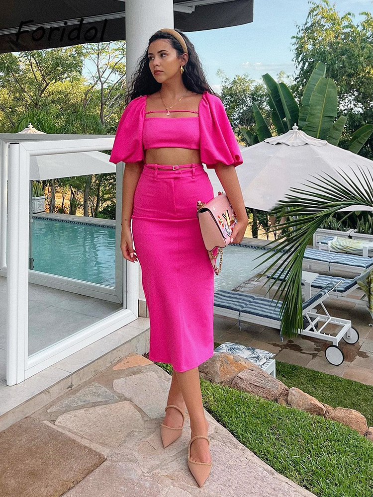 Rose Red Lantern Sleeve Vintage Women Dress Sets Elegant Buckle Strapy Straight Half Sleeve Backless Midi Party Dress Suits 220511