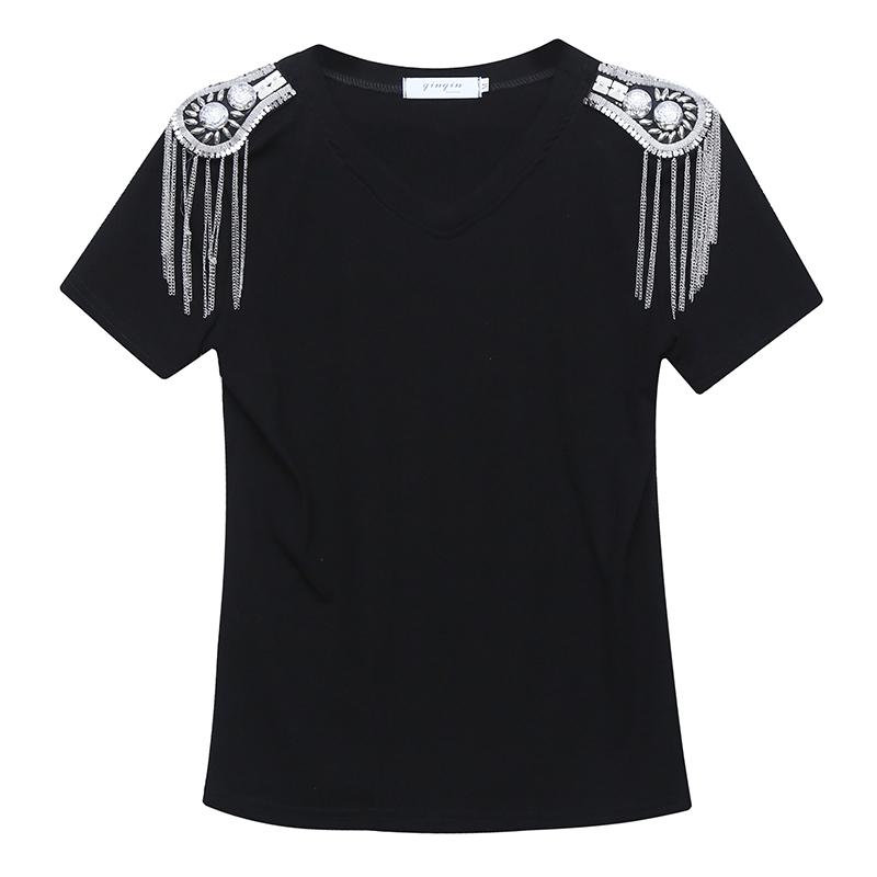 Women's T-Shirt Street Style Black V-Neck Women Summer Short Sleeve Tassel Epaulettes Personality Tees Fashion Slim Tops 6605Women's
Women's T-Shirt Street Style Black V-Neck Women Summer Short Sleeve Tassel Epaulettes Personality Tees Fashion Slim Tops 6605Women's