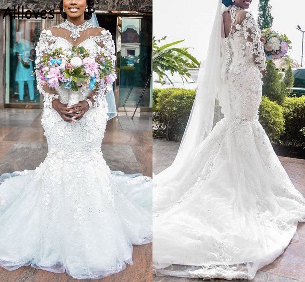 Gorgeous High Collar Mermaid Wedding Dresses For Black Girls Long Sleeves 3D Floral Lace Appliques Beaded Bridal Gown Plus Size African Vestidos De Novia CL0983, Gray
Gorgeous High Collar Mermaid Wedding Dresses For Black Girls Long Sleeves 3D Floral Lace Appliques Beaded Bridal Gown Plus Size African Vestidos De Novia CL0983, Gray