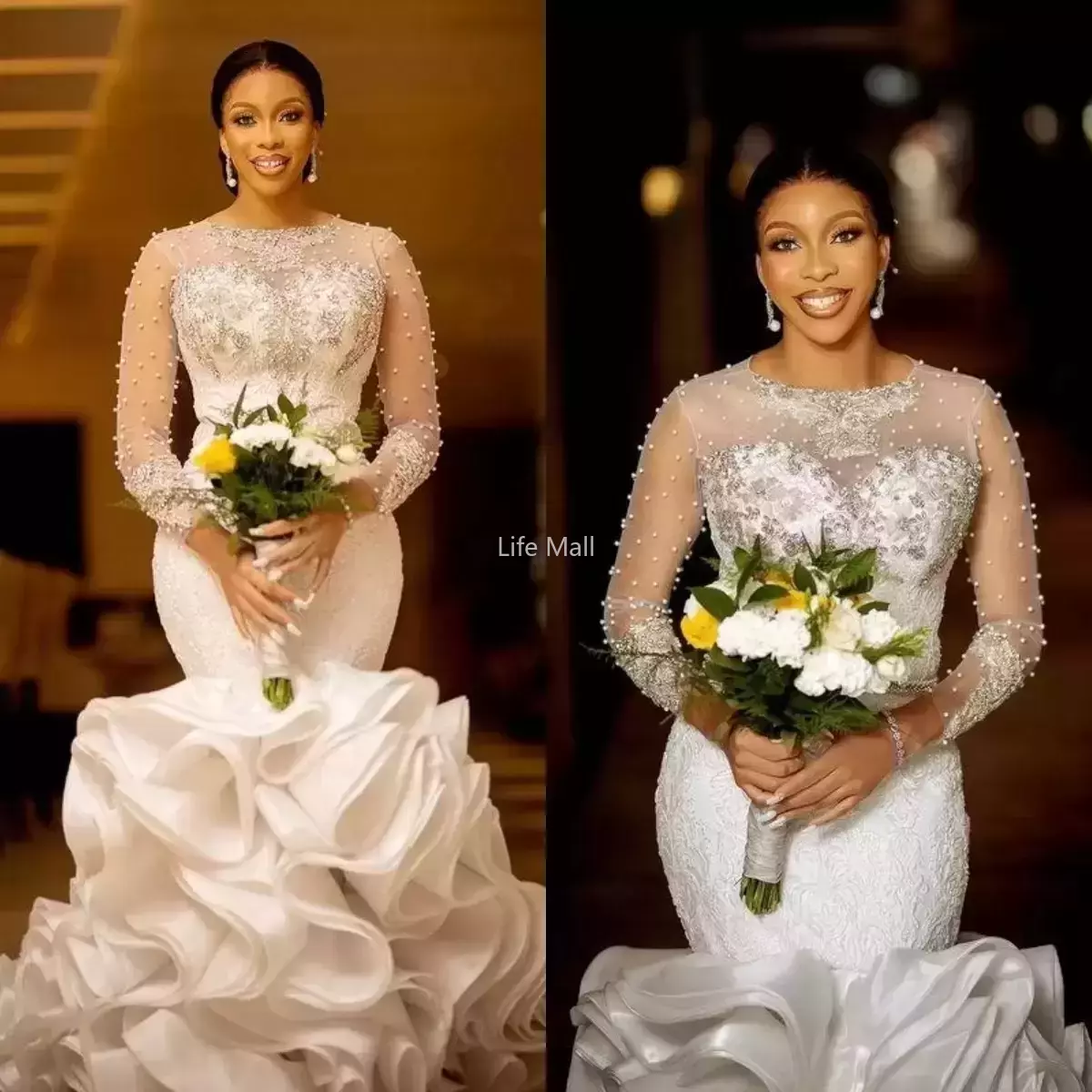 2022 Mermaid Ruffles Wedding Dresses Bridal Gown 3/4 Long Sleeves Lace Applique Beaded Tiered Skirt Organza Custom Made African Plus Size, White
2022 Mermaid Ruffles Wedding Dresses Bridal Gown 3/4 Long Sleeves Lace Applique Beaded Tiered Skirt Organza Custom Made African Plus Size, White