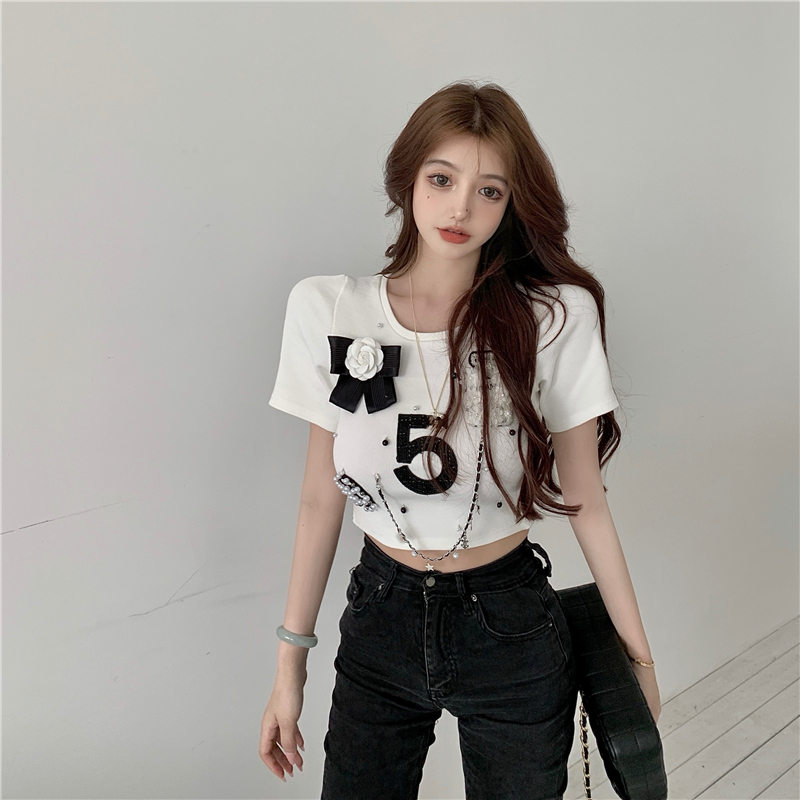 O Neck Short Sleeve Chain Pearl Three-dimensional Flower Tshirts Women Summer Loose Retro Graphic Aesthetic Harajuku Tees Top 220321