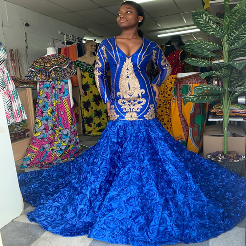 Long Sleeve Black Girls Evening Dress 2022 Sexy V Neck Plus Size African Prom Dress With Bottom Rose Formal Women Party Gown Arabic Robes De Soirée 20