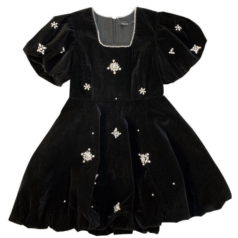 DEAT Black Summer Short Puff Sleeve Square Collar Beadings Diamonds Decoration High Waist Velvet Mini Dress Women MK540 220406