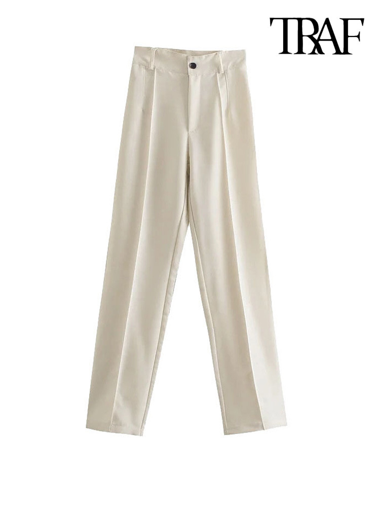 TRAF Women Chic Fashion Office Wear Straight Pants Vintage High Waist Zipper Fly Female Trousers Mujer 220325