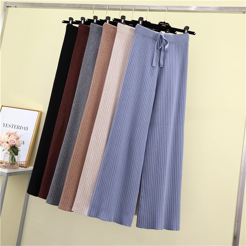 Winter Loose Thick Warm Straight Pants Women Drawstring Cable Knitted Wide Leg Pants Casual Trousers pantalones de mujer T200223