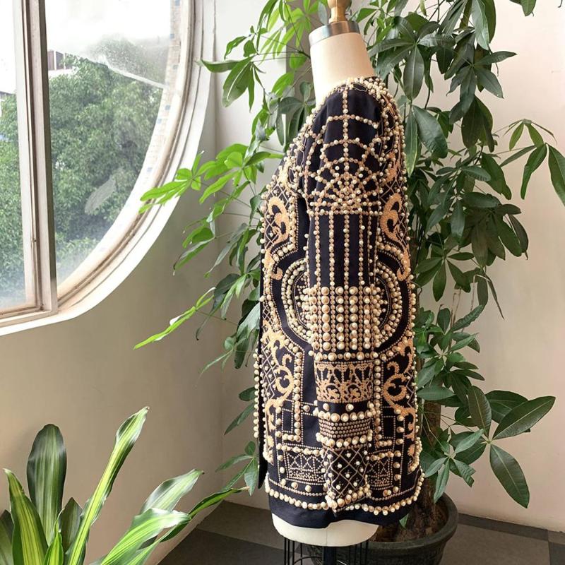 Women's Black Pearl Embellished V-Neck Long Sleeve Vintage Blazer Jacket Autumn Outwear B4