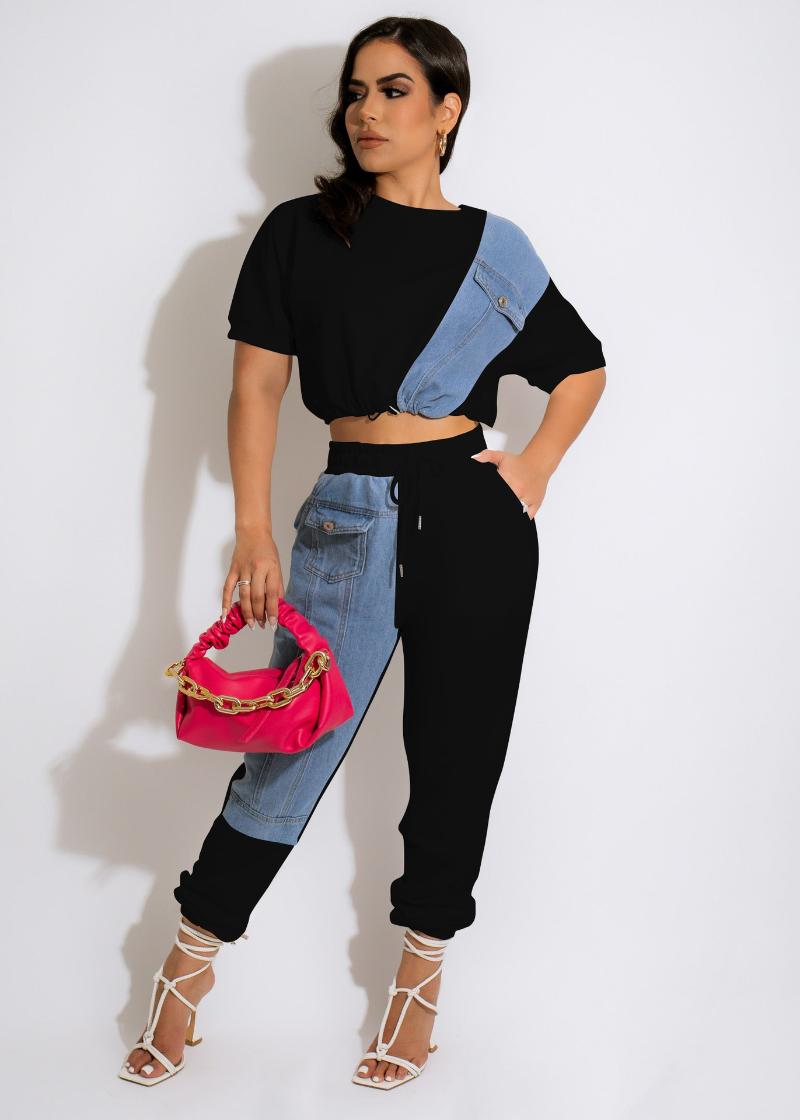 Women' Two Piece Pants Fashion Women Sets Casual Denim Patchwork Short Sleeve Tops High Waist 2 Outfits 2022 Summer, Black
Women' Two Piece Pants Fashion Women Sets Casual Denim Patchwork Short Sleeve Tops High Waist 2 Outfits 2022 Summer, Black