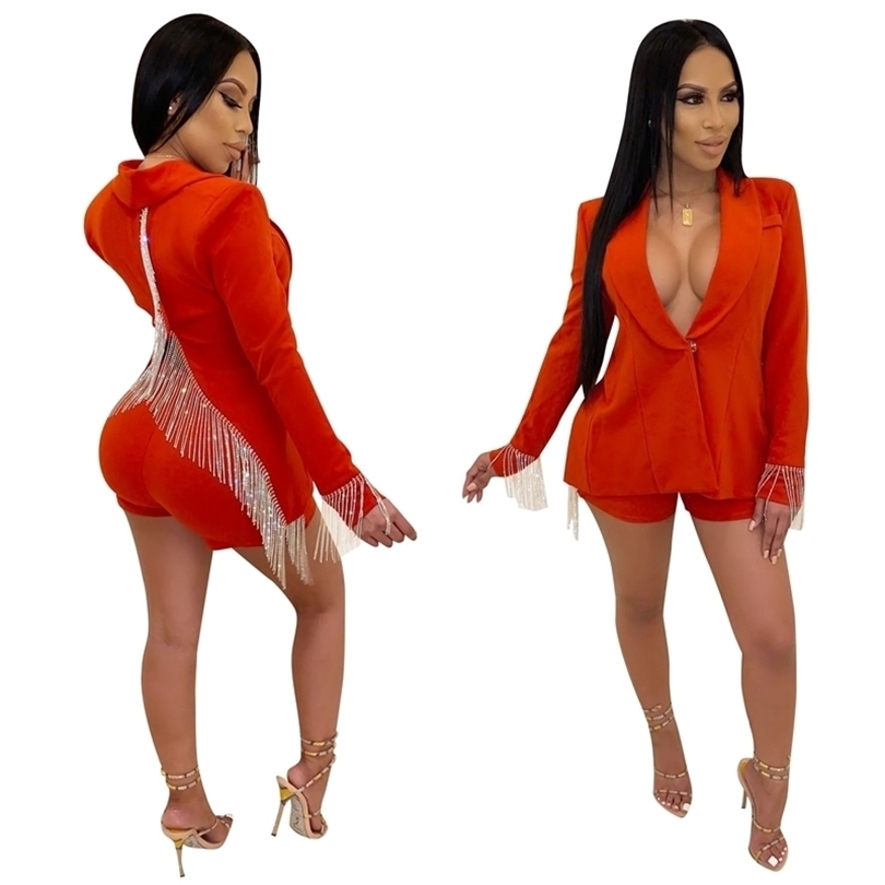 Echoine Autumn blazer set Two Piece Set Tassel Back Split Blazer Jacket Women Vneck women suits Sexy Club Shorts Matching Set T200325