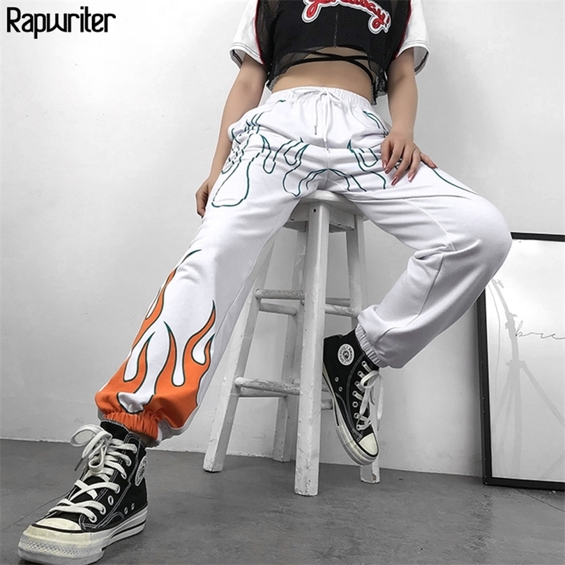 Rapwriter Casual Fire Print Elastic High Waist Trousers Women Summer Streetwear Harajuku Sweatpants Joggers Straight Pants T200516