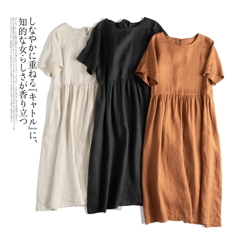 Summer Cotton Linen Women Dresses Vintage Short Sleeve Casual Loose Back Bandage Harajuku Party Club Dress With Pockets 220613