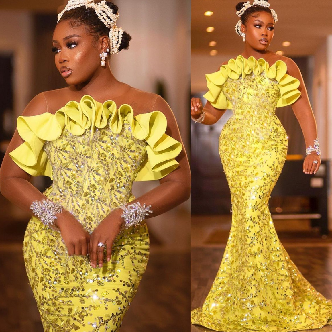 2022 Plus Size Arabic Aso Ebi Yellow Luxurious Sparkly Prom Dresses Beaded Crystals Evening Formal Party Second Reception Birthday Engagement Gowns Dr