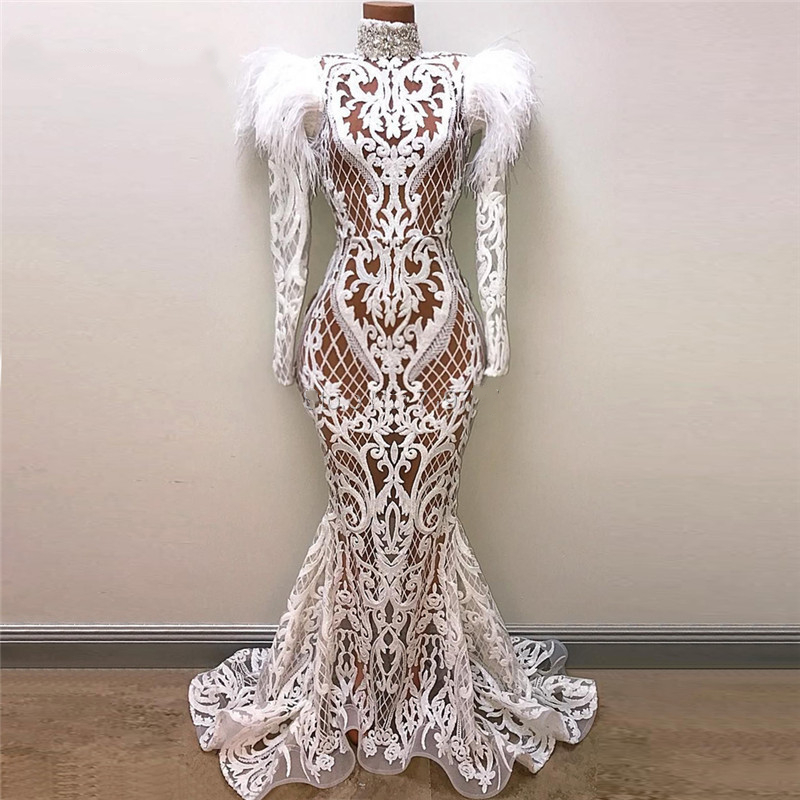 Luxury Feather White Mermaid Evening Dresses High Neck Lace Robe De Soiree 2022 Arabic Formal Party Gowns Crystals Beaded Dubai Abaya Kaftan Long Prom