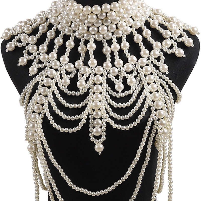 Retro advanced Pearls Crystal Body Jewelry Chain Sexyhandmade beaded Women Bridal wedding dress large necklace jewelry Accessor 220402