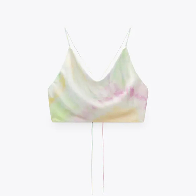 TRAF Summer White Satin Top Woman Pink Crop Sexy Backless Tank Camisole Beachwear Tie-Dye Strap s 220316