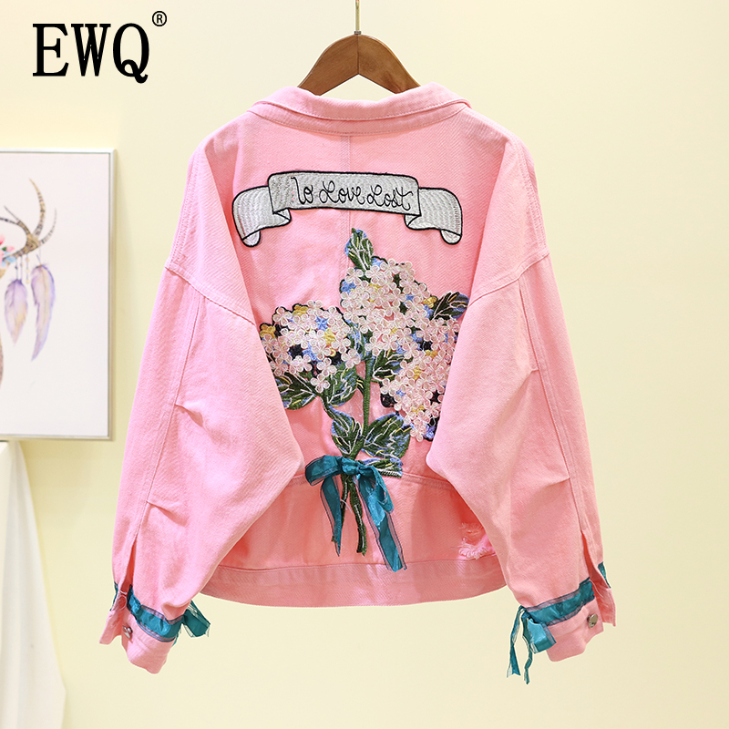 EWQ summer Fruit long sleeve denim jacket Turndown Collar print Embroidery loose Ladies clothing women coat top QH198 201029