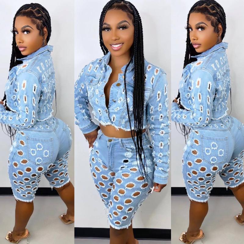 Women' Tracksuits Elegant Jean Ripped Hole Women Two 2 Piece Set Outfit Sweatsuit 2022 Jacket And Knee Length Jeans Matching TracksuitWomen, Aj4352 blue
Women' Tracksuits Elegant Jean Ripped Hole Women Two 2 Piece Set Outfit Sweatsuit 2022 Jacket And Knee Length Jeans Matching TracksuitWomen, Aj4352 blue