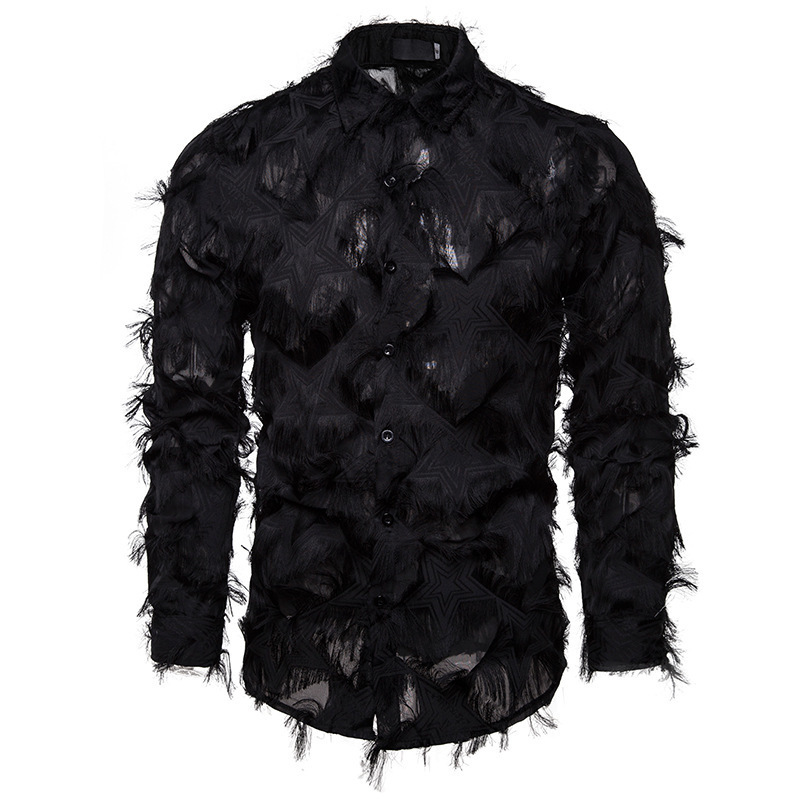 Sexy Feather Lace Shirt Men Fashion Floral Long Sleeve Dress Shirts Party Nightclub Transparent Gothic Stage Costume 220322