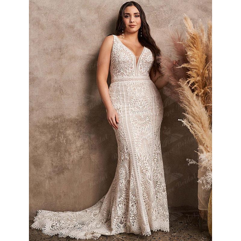 Plus Size Beach Mermaid Wedding Sresses Vintage Crochet Lace V-neck Bohemian Outdoor Bridal Gown robe mariee boheme chic