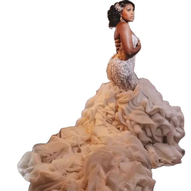 Sexy Sweetheart Mermaid Wedding Dresses Up Backless Tulle Lace Strapless Ruffles Long Train Custom Made Plus Size Country Bridal Gown