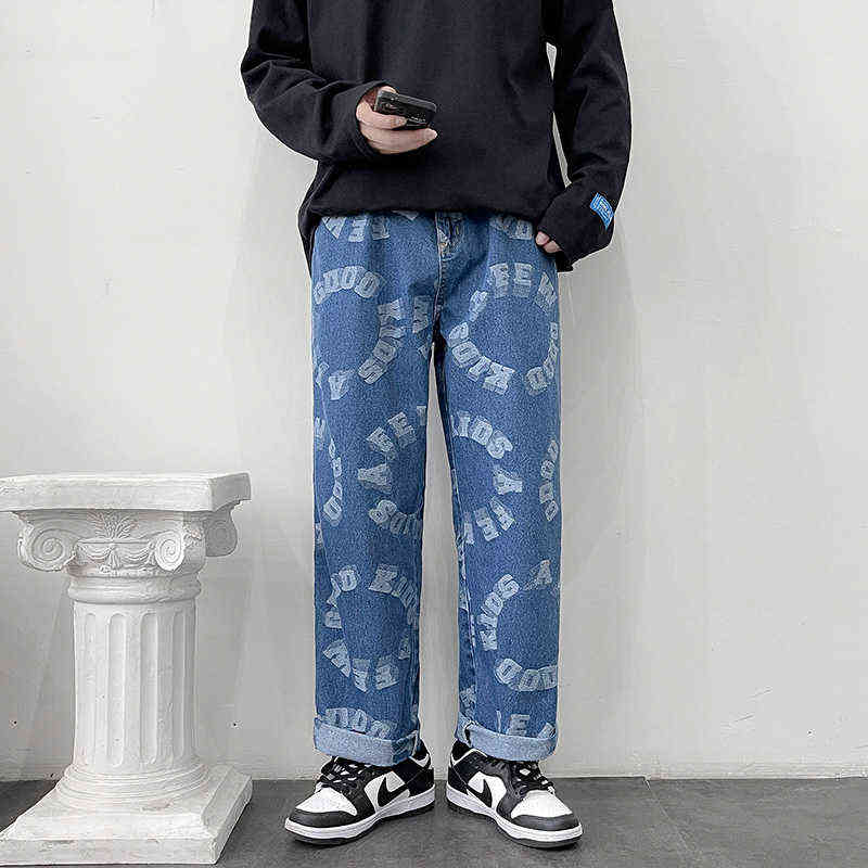 Fashion Men Wide Leg Jeans Letter print Streetwear Hip hop Straight Baggy Denim trend Pants Male Brand Trousers 2022 Autumn New G0104