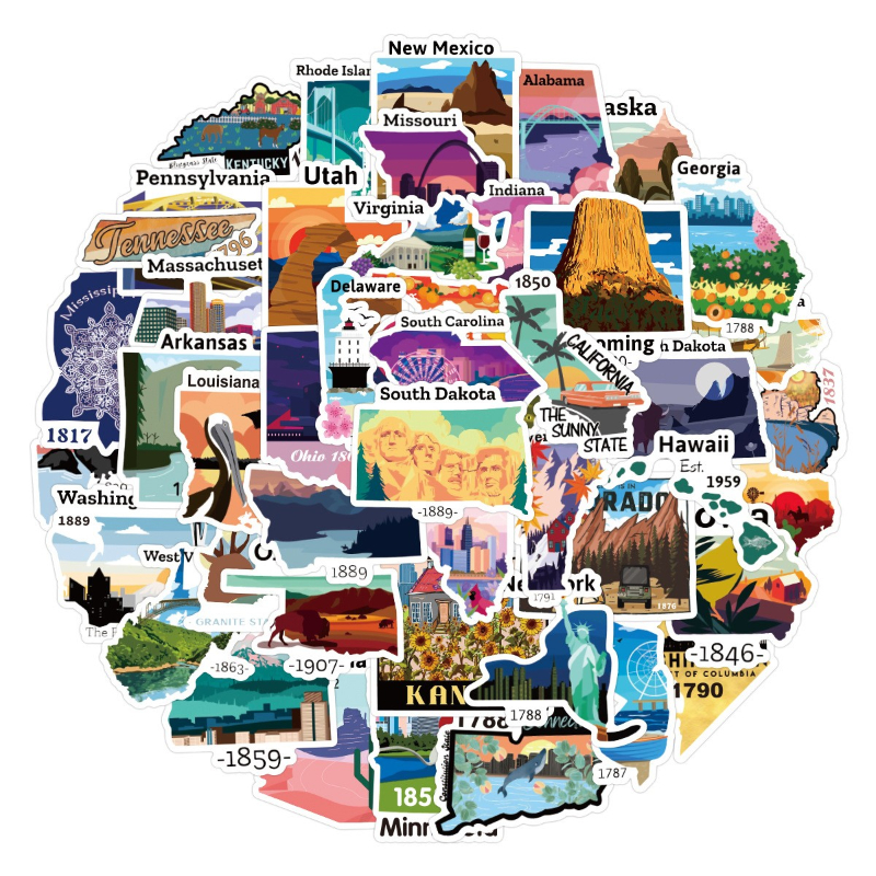 52pcs Colorful Beautiful USA States Map of the America Stickers National Park Stickers Graffiti Kids Toy Skateboard car Motorcycle Bicycle Sticker Dec