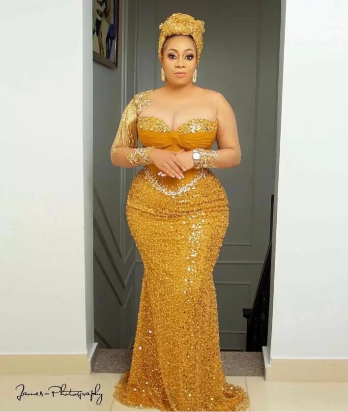 Plus Size Arabic Aso Ebi Mermaid Sparkly Prom Dresses bright gold Beaded Crystals Evening Party Second Reception Birthday Engagement Gowns Dress