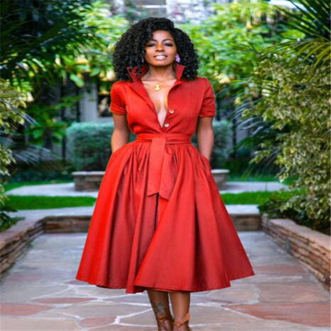 New Style Casual Dresses Fall Autumn Mid-Calf High Waist Shirt Dress Big Plus Size Geometric Printed Elegant Office Ladies Tunic Pleated Midi