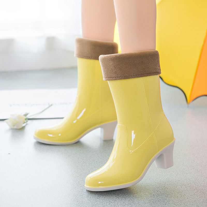 Women's High-heel Rain Boots Women Mid-calf Water Shoes High-tube Boots Ladies Fashion Non-slip Boots Korean Waterproof Shoes 220325
