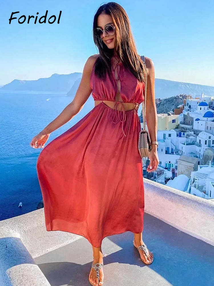 Foridol Lace Up Satin Party Dress Women Maxi Long Hollow Out Sleeveless Party Midi Dress Paisley Print Autumn Christmas Dress 220511
