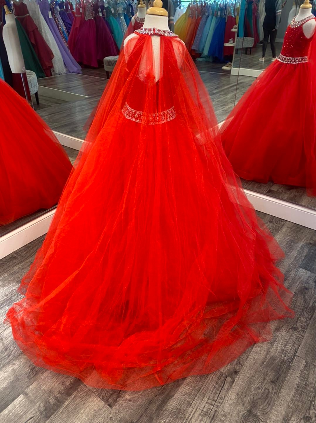 Crystals Girl Pageant Dress 2022 Ballgown AB Stone Red Organza little Kid Birthday Formal Party Gown Toddler Teens Preteen with Tulle Cape Halter Neck