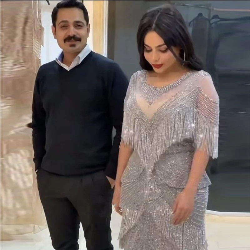 Luxury Dubai Crystal Tassel Silver Evening Dresses sparkly aso ebi Mermaid Arabic dubai peplum Long Gold Prom engagement reception Party Gown Yousef A