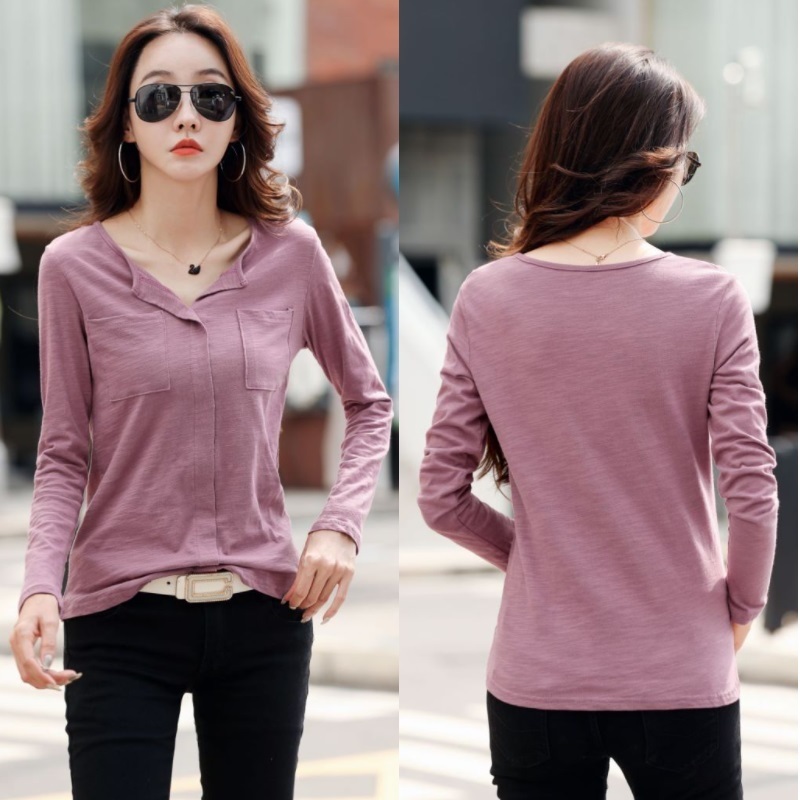 TuangBiang Fashion V-Neck Women Cotton T-Shirts Two Pockets Loose Autumn Tshirt Coffee Korean High Quality Long Sleeve Tops 220328
