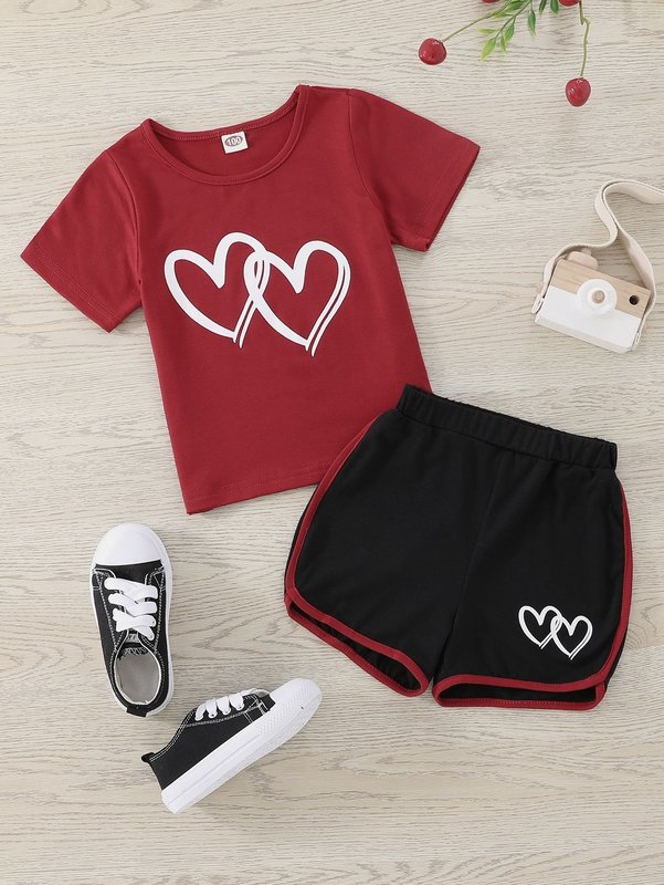 Toddler Girls Heart Print Tee & Contrast Binding Track Shorts SHE