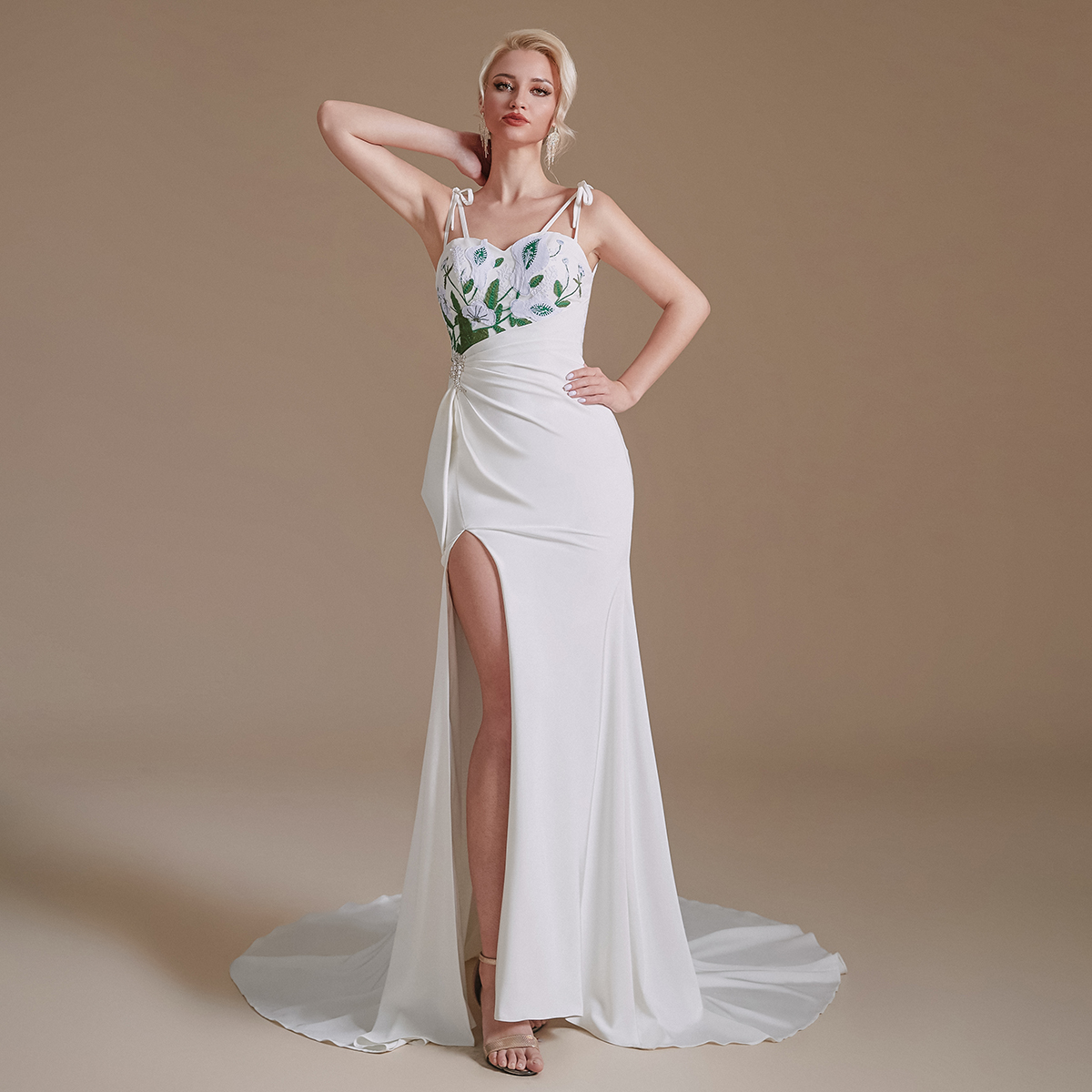 New Spaghetti Straps Mermaid Beach Wedding Dresses Embroidery Beaded High Split Summer Boho Sweep Train Bridal Gowns vestidos de novia Wedding Dress C