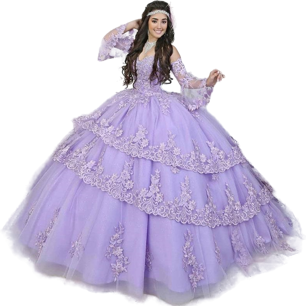 2022 Princess Long Sleeve Quinceanera Dresses Lilac Lace Appliques Tulle Ball Gown Sweet 15 16 Dress Floor Length Sweetheart Corset Prom Party Gowns
