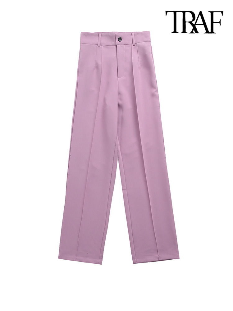 TRAF Women Chic Fashion Office Wear Straight Pants Vintage High Waist Zipper Fly Female Trousers Mujer 220325