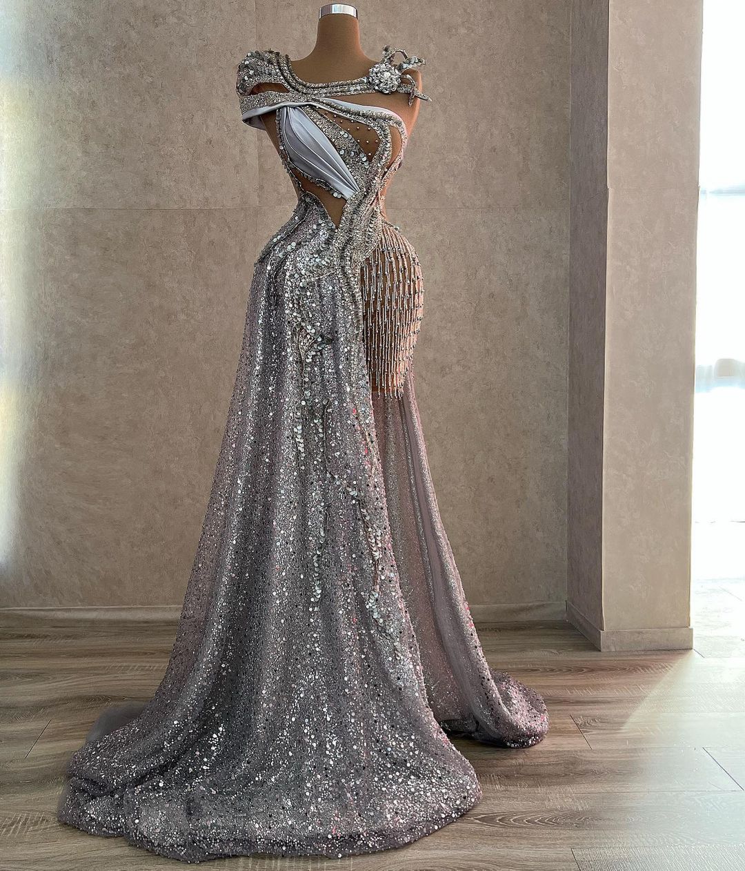 Plus Size Arabic Aso Ebi Sparkly Sier Urious Prom Dresses Beaded Crystals Evening Formal Party Second Reception Birthday Engagement Gowns Dress 0220