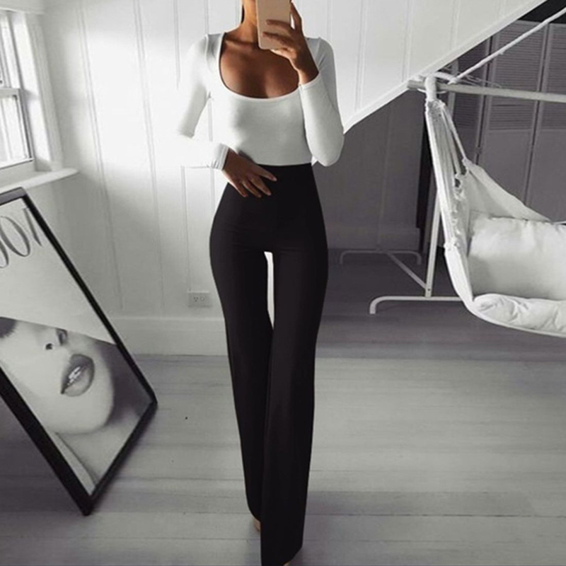 Casual High Waist Long Pant Autumn Elegant Office Lady Solid Flare Pants Fashion Stretch Thin Slim Wide Leg Trousers Streetwear 220325