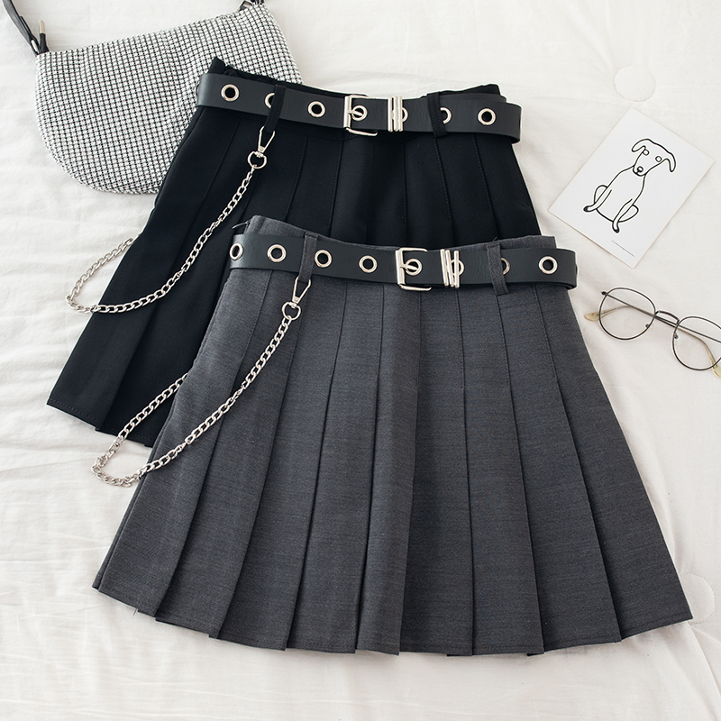 Black Pleated Skirt With Chain-Belt Punk Rock Girl Cheerleading Belted Mini Alt Women e-girl Outfit 220317