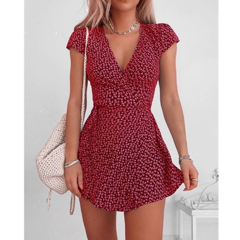 Floral Print Mini Dress for Women Short Sleeve Sexy V-neck Dresses Ladies High Waist Fashion Vestido Summer High Street 220510