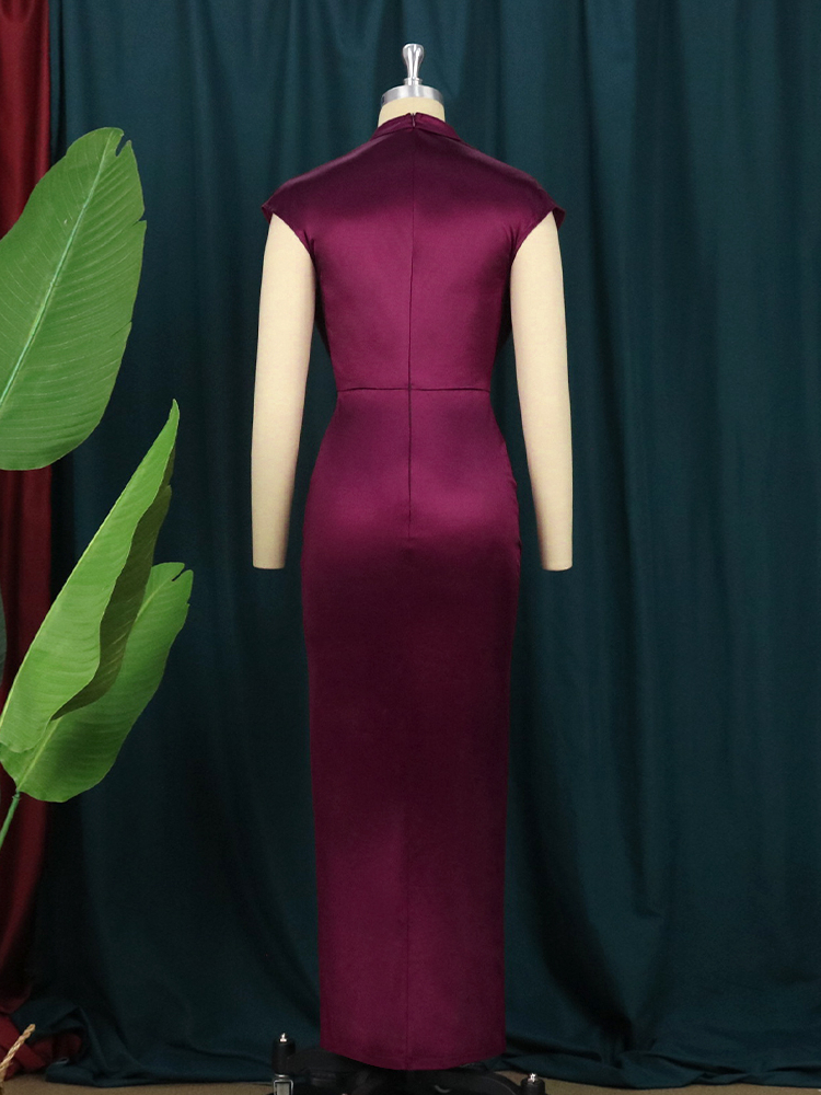 Women Shiny Long Dress Pleated Green Elegant Slit High Collar Slim Fit Sleeveless Maxi Robes Female Gowns Party Spring 220509