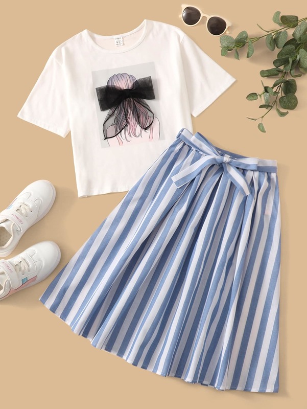 Girls Figure Graphic Bow Detail Tee And Striped Skirt Set SHE
