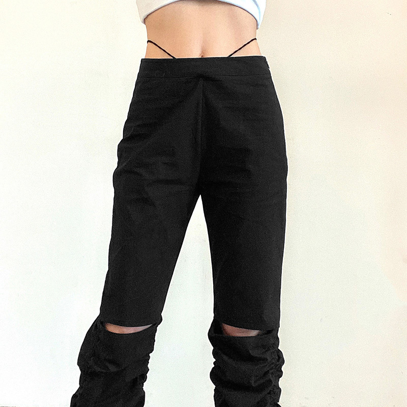 High Waist Y2K Hole Women's Pants Stacked Pleated Black Girls Slim Trouser Summer Autumn Streetwear Female 220325