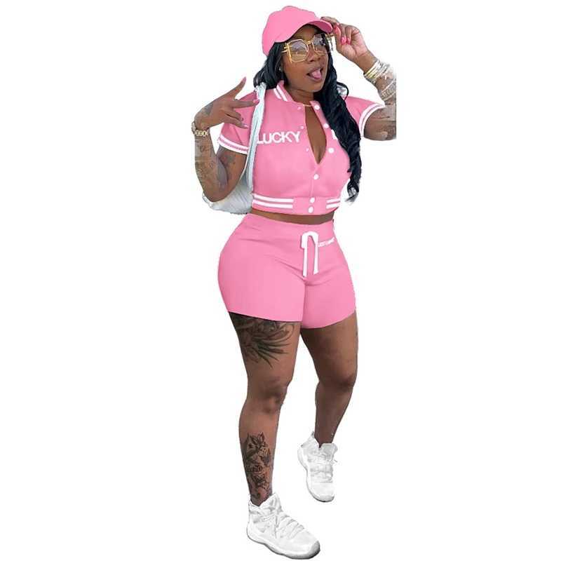Embroidery Letter LUCKY LABEL Women Sports Tracksuits Baseball Shorts Suit Summer Clothes 2 Piece Set Casual Clothes
