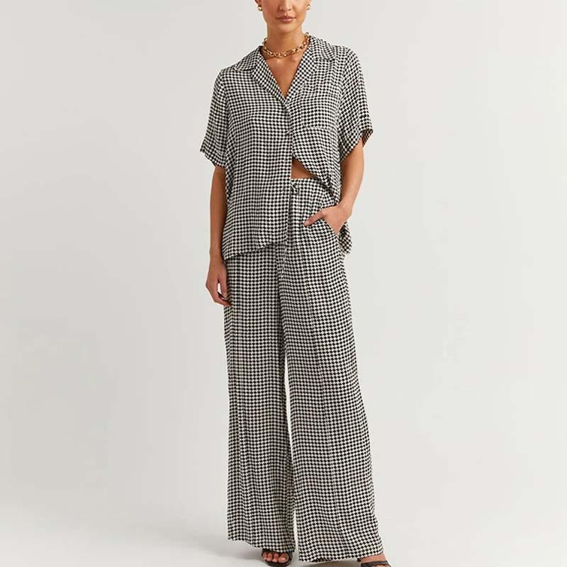 Women' Two Piece Pants Casual Plaid Tracksuits Women Short Sleeve V-neck Shirts Drawsting High Waist Wide Leg Suits Fashion Loose Pieces Se, Black pants
Women' Two Piece Pants Casual Plaid Tracksuits Women Short Sleeve V-neck Shirts Drawsting High Waist Wide Leg Suits Fashion Loose Pieces Se, Black pants